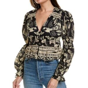 FARM RIO Black Cream Ainika Macaw Print Long Sleeve Blouse Top Sz S boho novelty